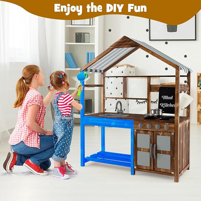 HONEY JOY Mud Kitchen with Canopy, Fir Wood Play Kitchen for Toddlers, Garden Sink, Stoves, Chalkboard, Storage Cabinet, Flowerpot, Outside Kitchen Playset, Mud Kitchen for Kids Outdoor Backyard