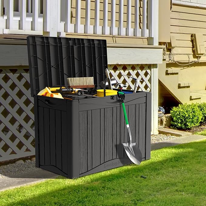 50 Gallon Waterproof Large Resin Deck Box Indoor/Outdoor Lockable Storage Container and Seating for Garden, Pool, and Patio (50 Gallon,Black)