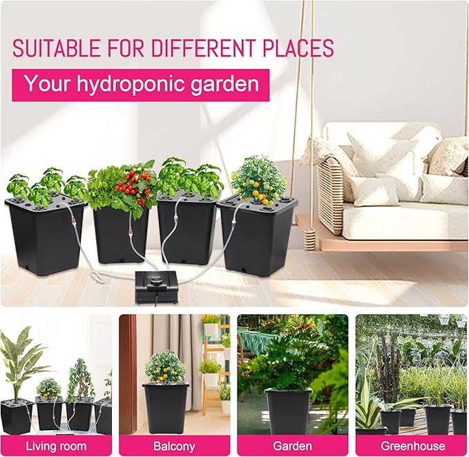 4 Hydroponic Buckets Kit for Plants, Hydroponics Growing System for Herbs/Tomato/Vegetables, DWC System with Air Pump & Germination Tray Black (Complete Indoor Hydroponic Gardening Supplies)