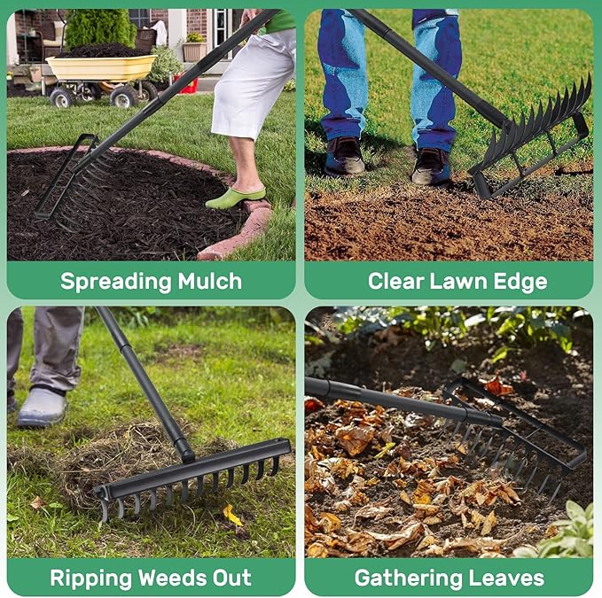 Stirrup Hoe Garden Tool Weed Puller with 76.8Inch Adjustable Stainless Steel Handle, Heavy Duty Hula Hoe and 12 Tines Rake 2 in 1 Gardening Tools Garden Cultivator for Weeding Soil Loosening, Black