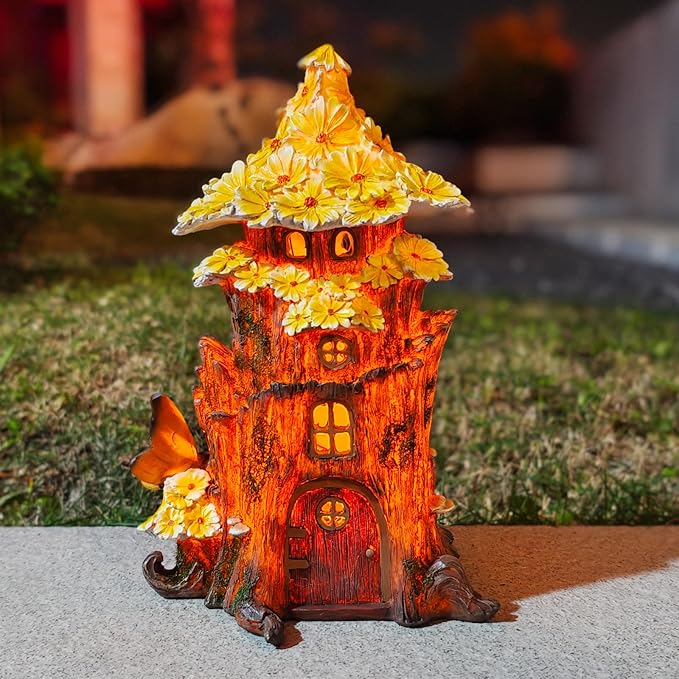 COWOS Solar Fairy House, Fairy Garden Decor House, Solar Powered Lights Garden Figurine for Outdoor Patio Lawn Yard Garden Decorations