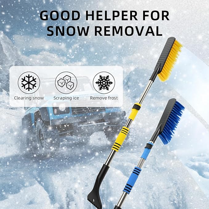 Telescoping Car Snow Brush & Ice Scraper - Detachable Handle, Extra Wide Bristles, Foam Grip - Portable Vehicle Snow Tool