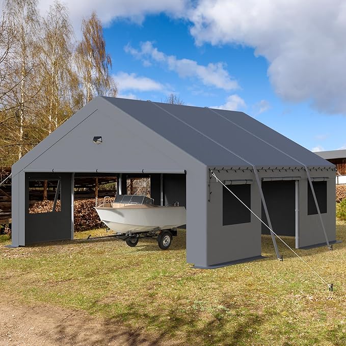 20x20 Carport, Heavy Duty Carport Canopy Garage with Removable Sidewalls and Drive Through Roll Up Zipper Doors & Side Doors, Grey