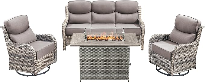Luxury High Back Outdoor Furniture 6-Inch Thick Cushions with 50,000 BTU Gas Propane Fire Pit Tablet, Patio Furniture Set with Swivel Chairs, for Porch, Balcony, Deck and Yard