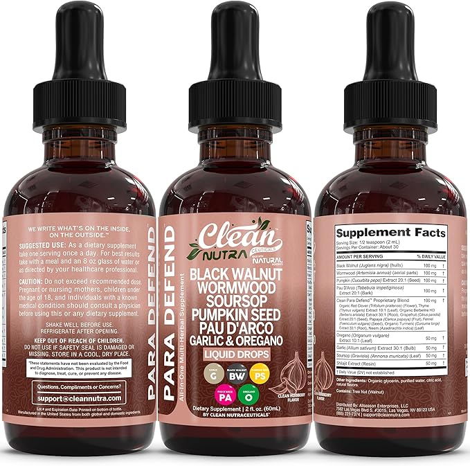 para Defend Wormwood Black Walnut Cleanse for Humans Drops Liquid Soursop Garlic Pumpkin Seed PAU D'Arco Oil of Oregano Turmeric Berberine Neem Extract Hull Bark Tincture by Clean Nutra