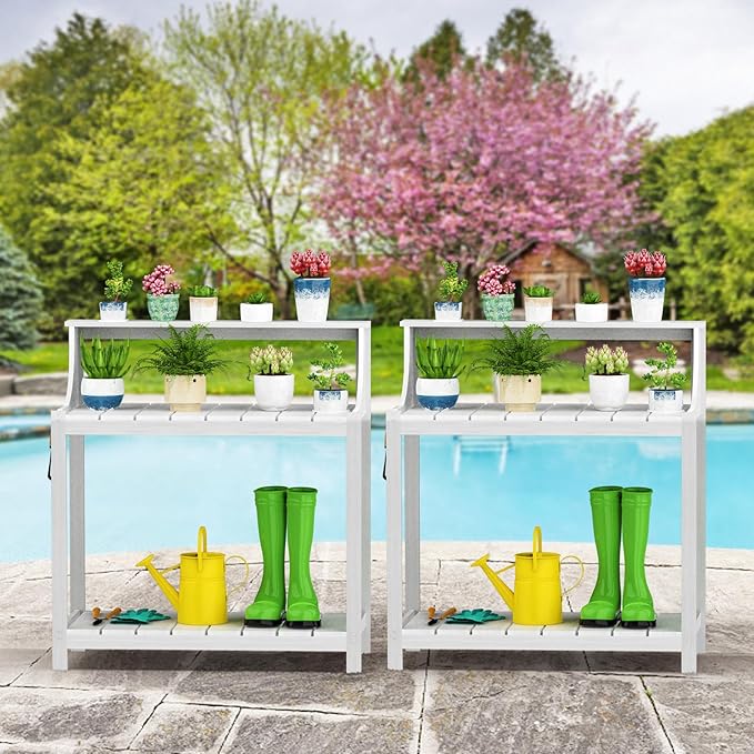 Premium Wood Potting Bench Table with Storage & Hooks - Durable All-Weather Garden Workstation for Patio, Deck & Yard - 360 lbs Capacity, Rust & Fade Resistant