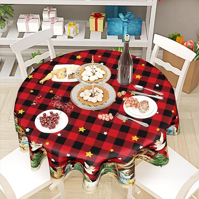 Giwawa Xmas Round Tablecloth 60 Inch, Farmhouse Vintage Red Buffalo Plaid Reusable Washable Polyester Table Cover for Party Picnic Dinner Indoor Outdoor Winter Holiday Decor