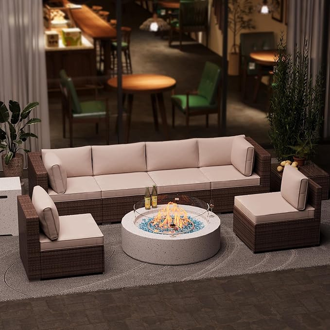 3-Piece Outdoor Propane Fire Pit Table Set – Premium Terrazzo-Like MgO Finish, Round Gas Fire Table with Tank Table & Glass Wind Guard for Patio, Garden & Backyard, Includes Rain Cover & Glass Beads