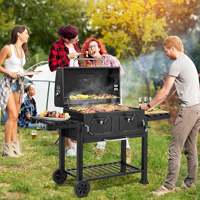 ROVSUN Charcoal Grill with Two Side Tables, Extra Large Cooking Area, Two Individual Lifting Charcoal Trays, Pull-out Ash Tray, Perfect BBQ Grill for Outdoor Picnic, Black