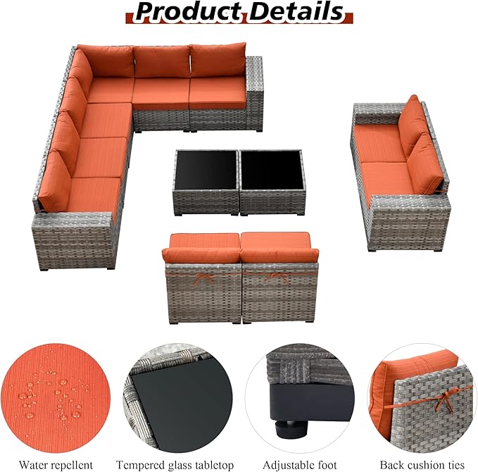 HOOOWOOO 12 Piece Modular Patio Outdoor Sectional Furniture Sofa Set,Wicker Conversation Set,Out Door Couch Set with Wide Arm for Outside All Weather(Orange Red)
