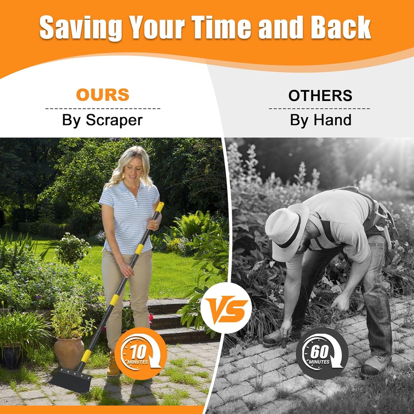 Garden Flat Shovel,60 inch Long Handle Manual Stand Weeding Tool with 2 Spades,Heavy Duty Multifunctional Garden Cleaning Shovel Spade,Floor Scraper for Weeding Edging Snow Ice Removal Tool