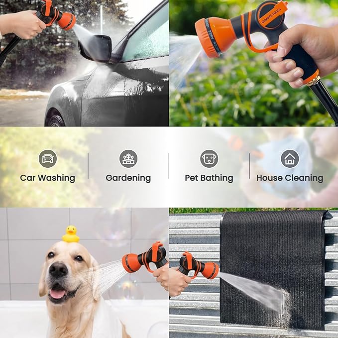 Giraffe Tools Garden Hose 50FT Lightweight Lay Flat Water Hose Kink Free Flexible Hose with 9 Spray Function Nozzle, Black