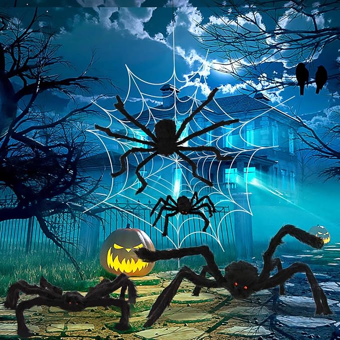 Halloween Spider Decorations, Aitey Halloween Scary Giant Spider Set with 4 Large Fake Spider, Spider Web, 20 Small Plastic Spiders, Cobwebs for Window Wall and Yard Outdoor Halloween Decor