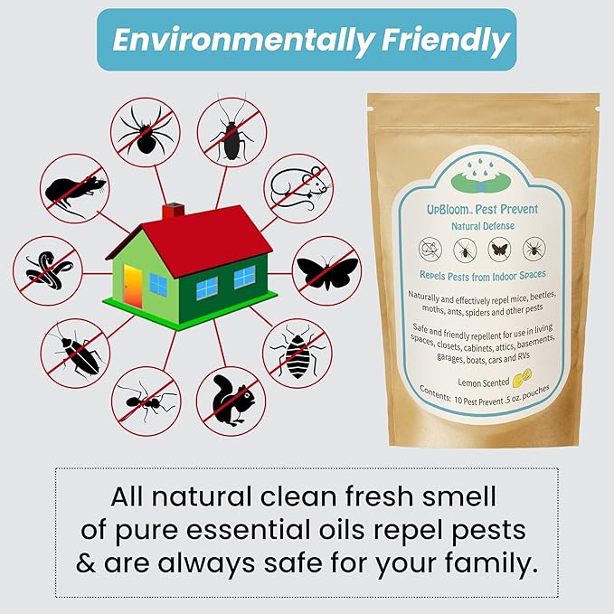 UpBloom - Pest Prevent All-Natural Repellents Home and Garage Defense from Mouse, Spider, Roaches, and Insects 10 Pest Control and Repeller Pouches