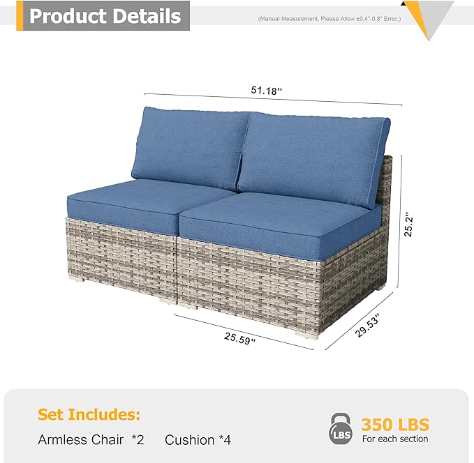 HOOOWOOO Patio Sectional Furniture Set,2 Piece Couch Set with 2 Matching Armless Chairs(Denime Blue)