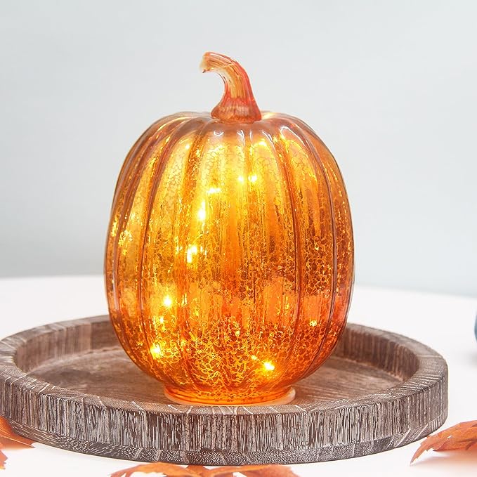 Mercury Glass Pumpkin Lights with Timer, Battery Operated Led Pumpkin Lights for Halloween Fall,Thanksgiving Rustic Decor (Gold Common, 8")