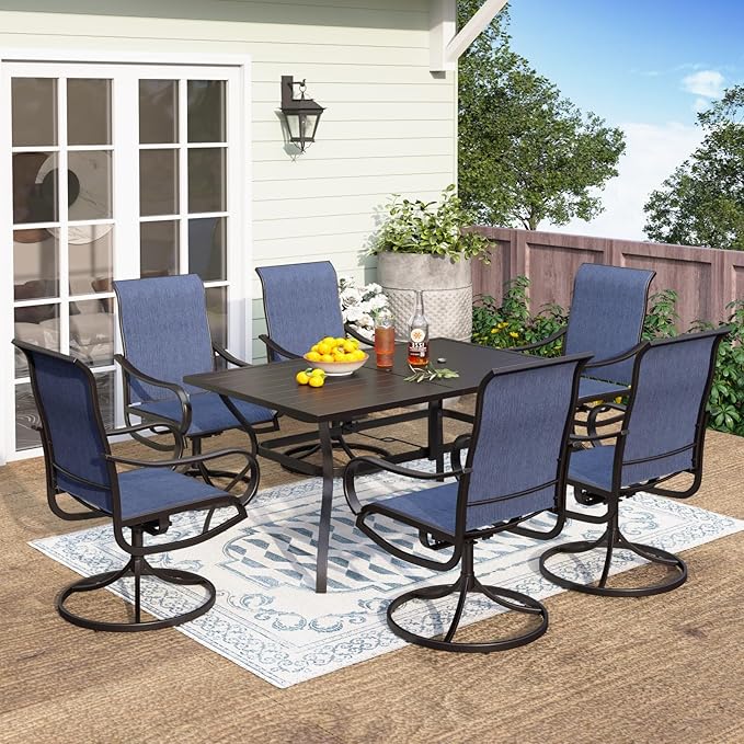 PHI VILLA 7 Piece Outdoor Patio Dining Set, Large Metal Table (1.57'' Umbrella Hole) and 6 Swivel Dining Chairs with Textilene Mesh Fabric, All Weather Patio Furniture Set for Deck Lawn Garden (Blue)