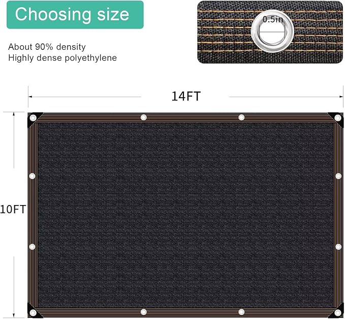 QNLONG Shade Cloth for Garden, 90% Black Shade Net Mesh Tarp with Grommets Sun Shade Cover Tear Resistance for Plants Greenhouse Chicken Coop Vegetables Pergola 10x14FT