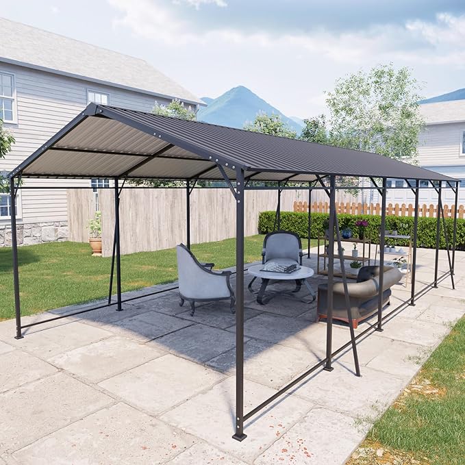 Carport, Heavy Duty Carport with Galvanized Steel Roof and Frame, Metal Large Garage with 4 Fixed Inclined Square Tube Supports (13 * 26.5 FT)