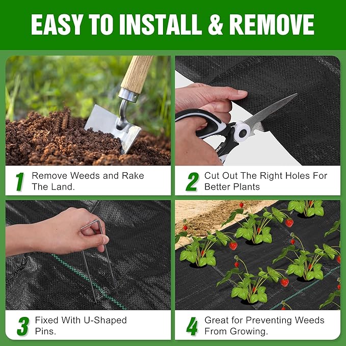 1.3FT x 50FT Weed Barrier Landscape Fabric Heavy Duty, 3.2oz Premium Gardening Weed Control Mat with 10 U-Shaped Securing Pegs, Ground Cover for Garden Beds, Farming, Underlayment, Commercial Driveway
