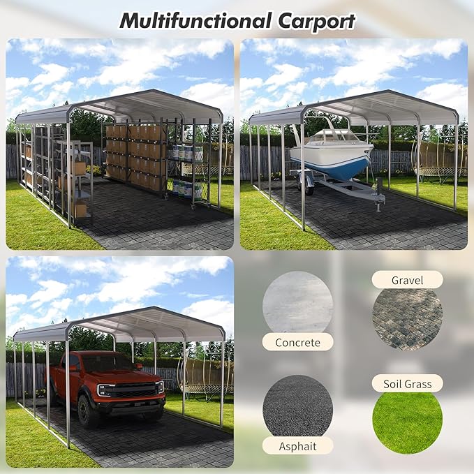 12x20 FT Metal Carport Shed,Heavy Duty Carport with Galvanized Steel Roof & Frame, Permanent All-Weather Shelter for Cars, Motorcycles, ATV, Boats, and Tractors