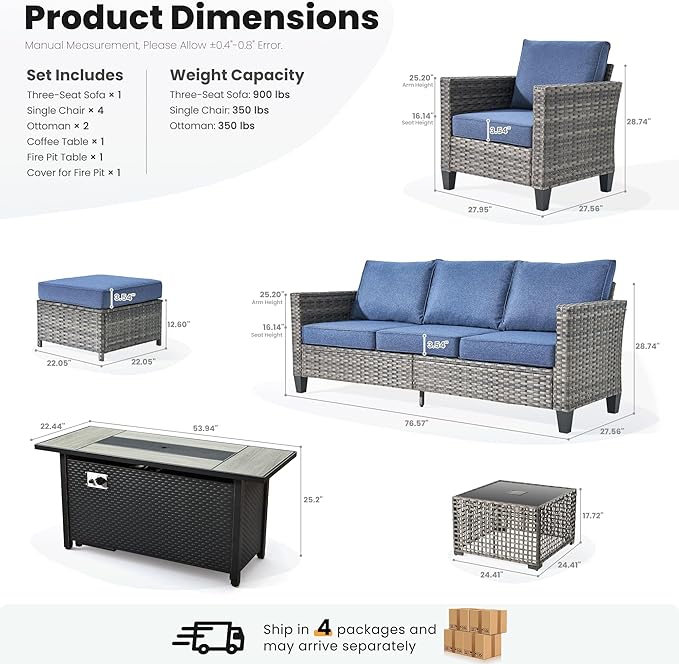 ovios 9 Pieces Patio Furniture Set with 54" Fire Pit Table, Outdoor Sofa Couch with Solar Lights Table Comfy Cushions, Modern Deep Seat Wicker Rattan Conversation Set, Denim Blue