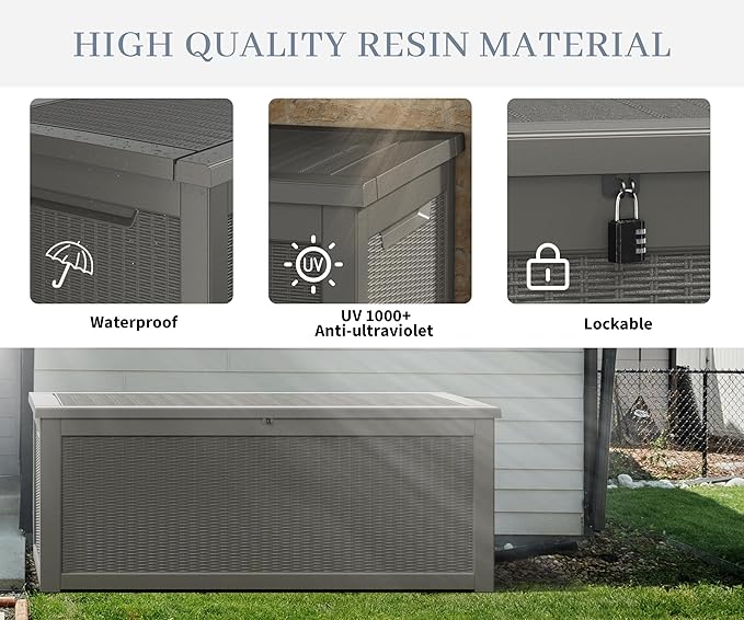 NUNU LAB 260 Gallon Outdoor Storage Box,Resin Large Sturdy Deck Box, Backyard Outside Storage Box Waterproof with Double Wall Panels,Package Delivery Garden Outdoor Hose