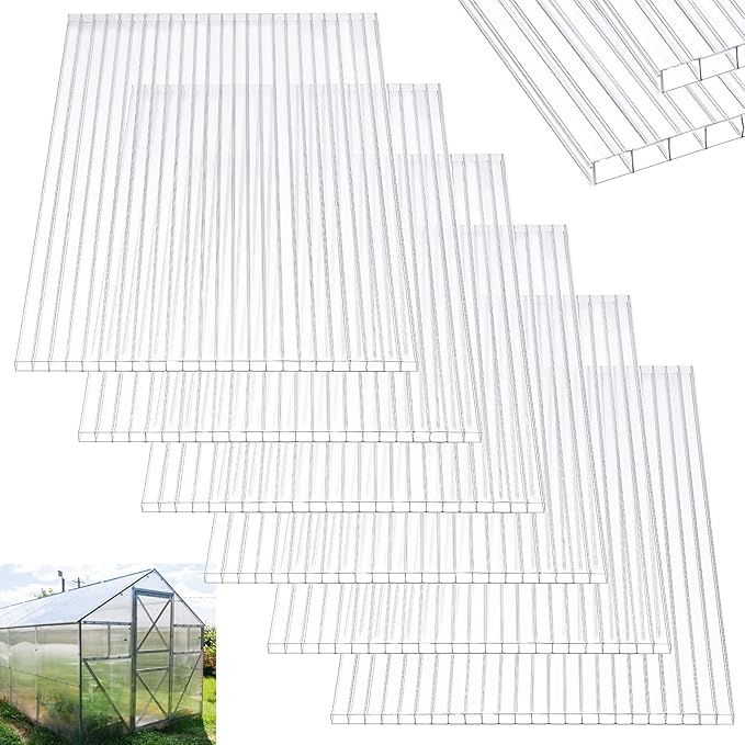 Tatuo 6 Pack 6' X 2' X 0.24'' Polycarbonate Greenhouse Panels Polycarbonate Sheets Twin-Wall Roof Panels Waterproof UV Protected Clear Corrugated Plastic Roofing for Greenhouse Replacement