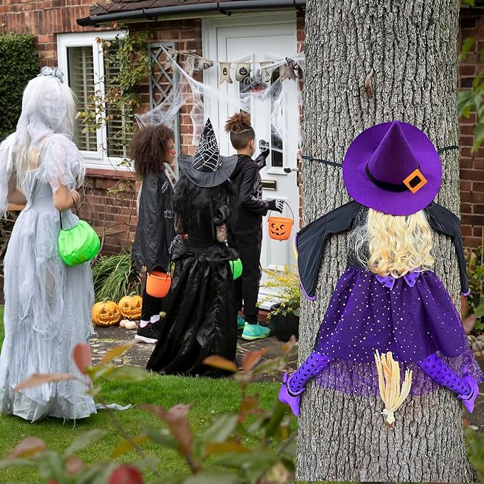 53" Purple Crashing Witch Halloween Decorations - Funny Flying Witch Prop for Yard, Porch, Tree, Patio, Door – Large Outdoor Halloween Witch Tree Decor for Garden, Fence, and Haunted House