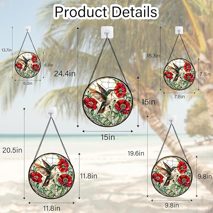 Stained Glass Window Hanging - Green Hummingbird Red Flower Suncatcher for Door Terrace Garden Home Decor Bird Landscape Sun Catcher Birthday Gifts for Lovers Women Men Dad Mom Nana 9.8 in