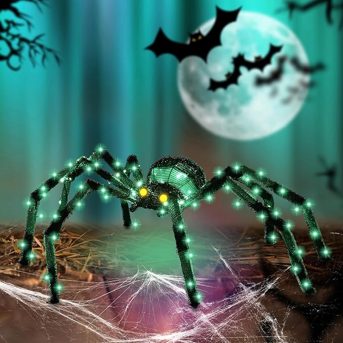 4.2Ft Giant Spider Halloween Decorations Outdoor 52" Light Up Spider with 90 LED Lights for Front Yard, Porch, Garden, Lawn, Halloween Party (Green)