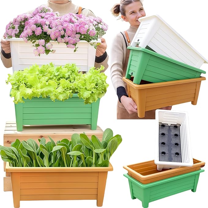 FAMZ Self Watering Planters Pots for Indoor Plants, 3 Pack 18.9 Inch Plastic Window Boxes Planters Herb Planter, Rectangle Rectangular Planter Windowsill Planters with Drainage and Saucer (White)