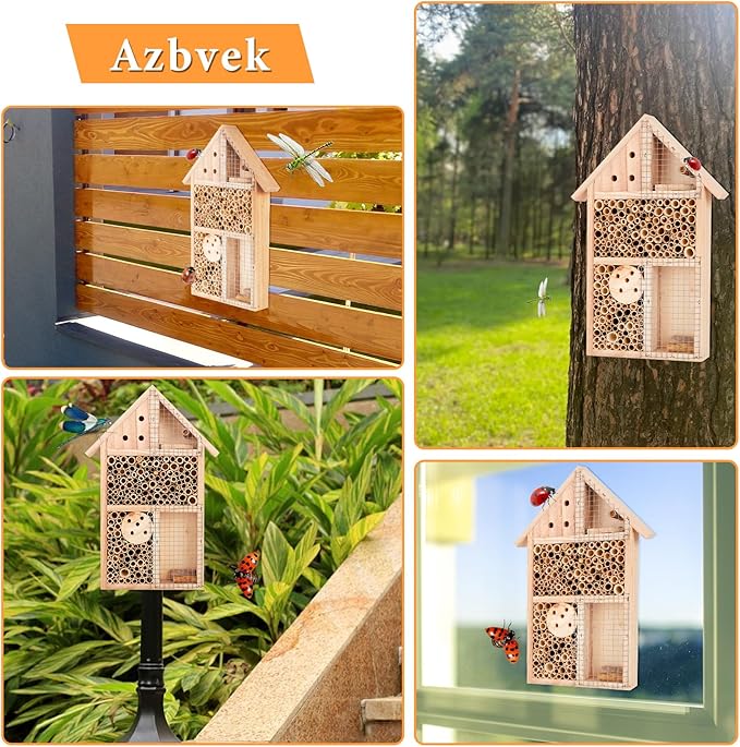 Wooden Insect House Hotel for Bee, Butterfly, Ladybirds, Beneficial Insect Habitat, Bug Hotel Garden 11.7" x 7.7" (B)