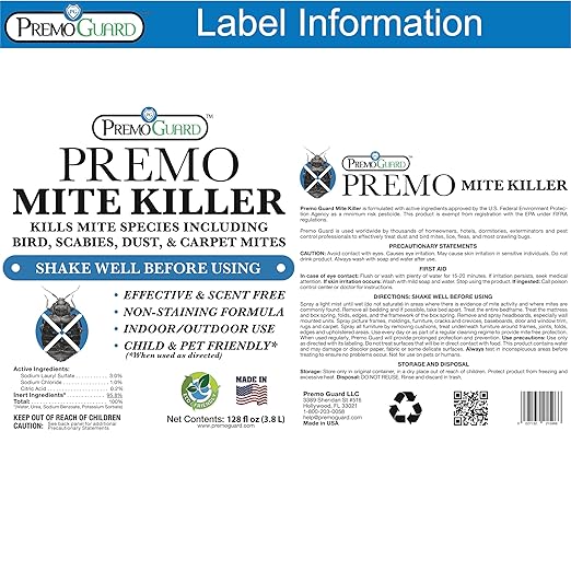 Premo Guard Mite Treatment Spray – 128 oz – Kills Dust, Human, Scabies, Spider, Carpet, Bird, Mouse & Rat Mites in Home, on Furniture, Bedding – Natural Non-Toxic 100% Effective – Child & Pet Safe