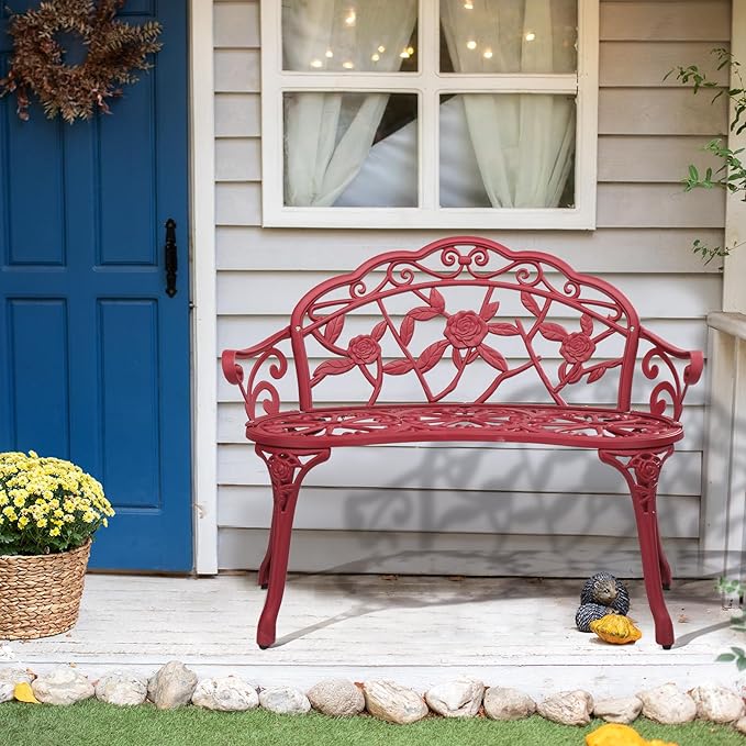 VINGLI 38.5" Patio Park Garden Outdoor Metal Rose Bench,Cast Aluminium Frame Antique Finish Chair,Accented Lawn Front Porch Path Yard Decor Deck Furniture for 2 Person Seat(Red