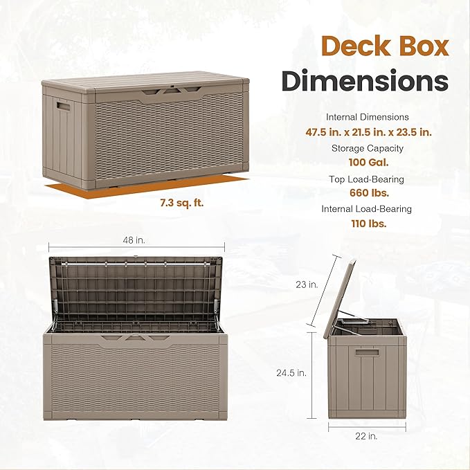 Greesum 100 Gallon Resin Patio Storage Box for Garden Tools, Outdoor Furniture Cushions, Pool Supplies, Light Brown