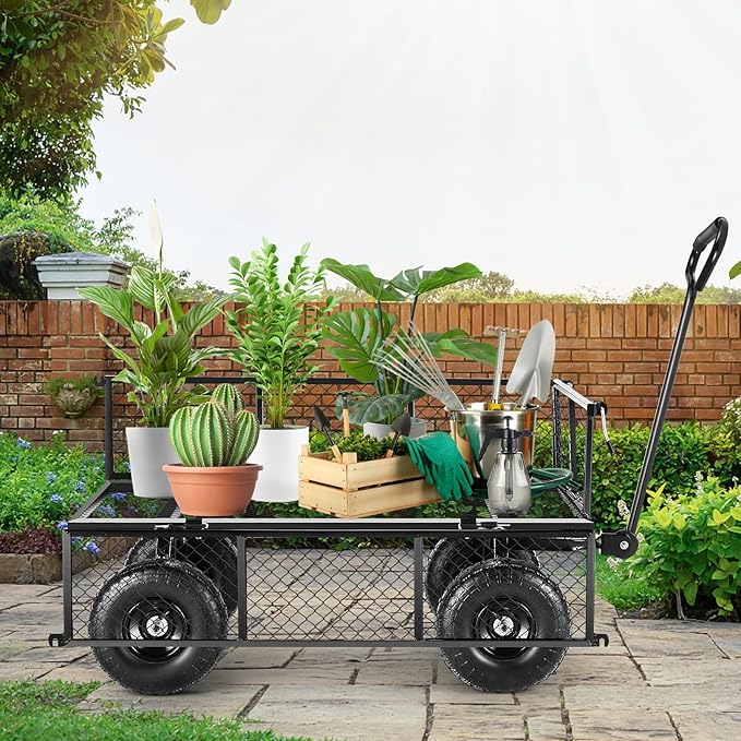 TEANDE Garden Cart, Heavy Duty 880Lbs Capacity Mesh Steel Garden Cart with Removable Sides to Convert into Flatbed, Utility Metal Wagon with 180° Rotating Handle and 10 in Tires, Black