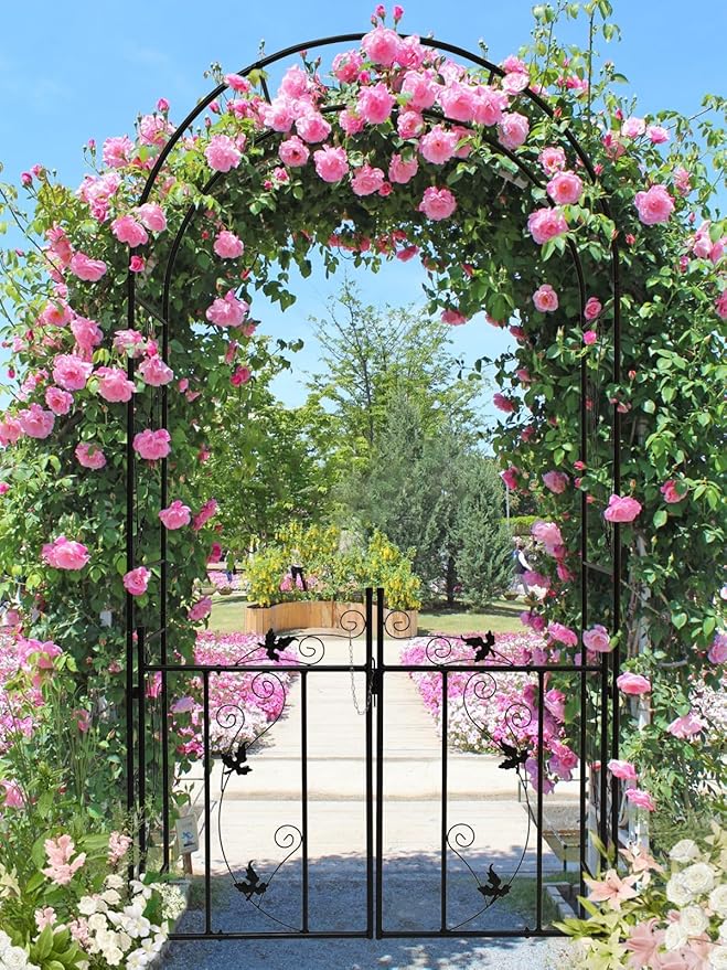 Kalolary Garden Arch with Gate, Heavy Duty Metal Butterfly Garden Arbor for Climbing Plant Metal Raised Bed Rose Vines Climbing Support for Lawn Backyard Patio Outdoor Decoration (91"x45"x15")