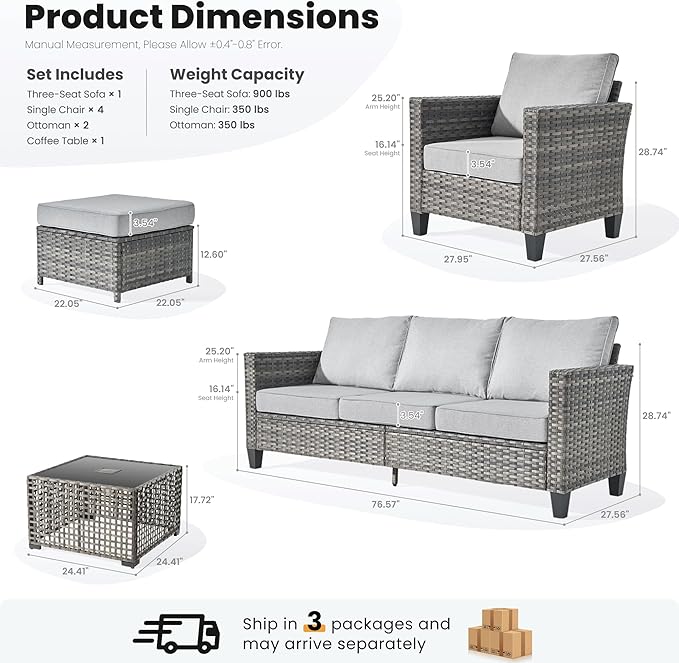 ovios 8 Pieces Patio Furniture Set Outdoor Sofa Couch with Solar Lights Table Comfy Cushions, Modern Deep Seat Wicker Rattan Conversation Set for Porch Deck, Grey