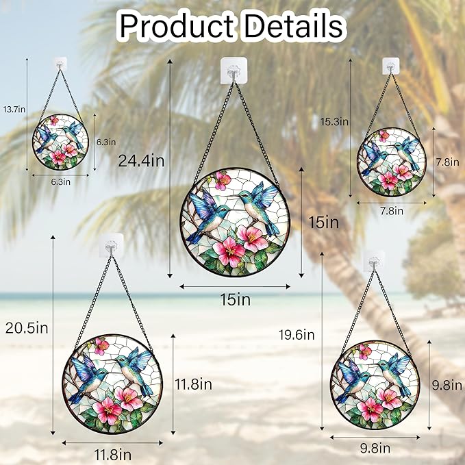 Stained Glass Window Hanging - Blue White Hummingbirds Pink Flowers Suncatcher for Door Terrace Garden Home Decor Bird Sun Catcher Birthday Gifts for Lovers Women Men Dad Mom Nana 11.8 in