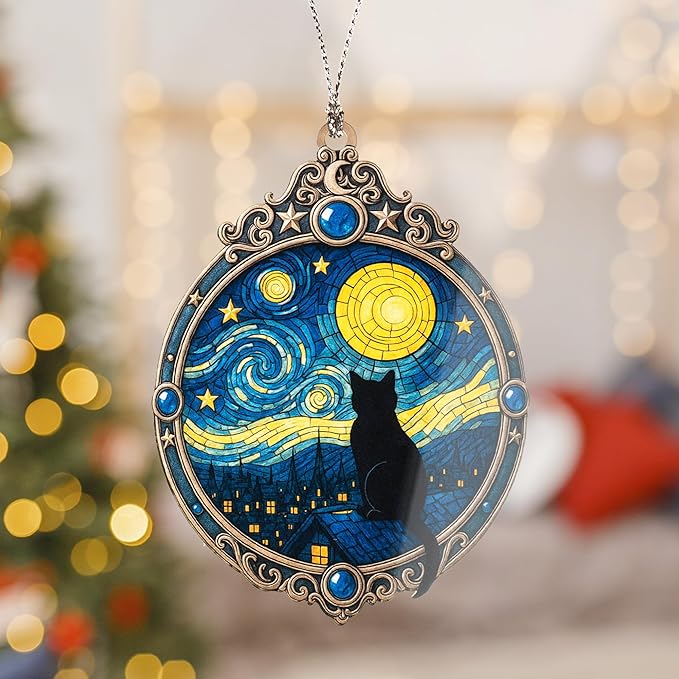 Black Cat Starry Night Ornament – black cat – christmas ornament – van gogh decor – cat gifts – Suncatcher effect window hanging – Car Hanging