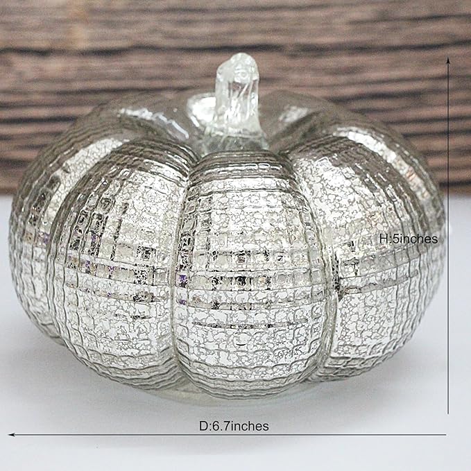 Mercury Glass Pumpkin Lights with Timer, Battery Operated Led Pumpkin Lights for Halloween Fall,Thanksgiving Rustic Decor (Silver Grid-Patterned, 5.5")