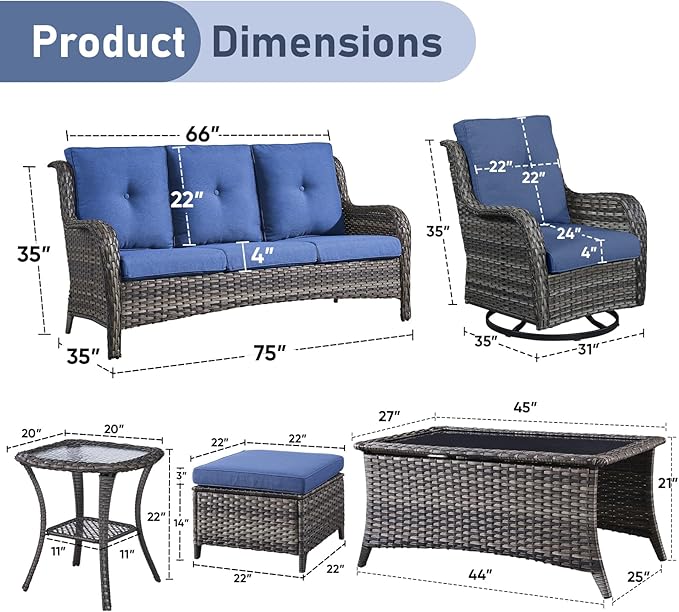 Wicker Rattan Patio Furniture Set - 7 Pieces Outdoor Couch with Swivel Chairs, Ottomans and Coffee Table for Deck, Poolside, Backyard - Grey/Blue