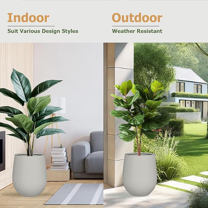 12.5" H x 11.4" D Corso Fiberstone Round Tapered Planter with Drainage Hole, Smooth Finishes, Weather Resistant for Indoor and Outdoor Use (Light French Gray, 9" Pot Opening)