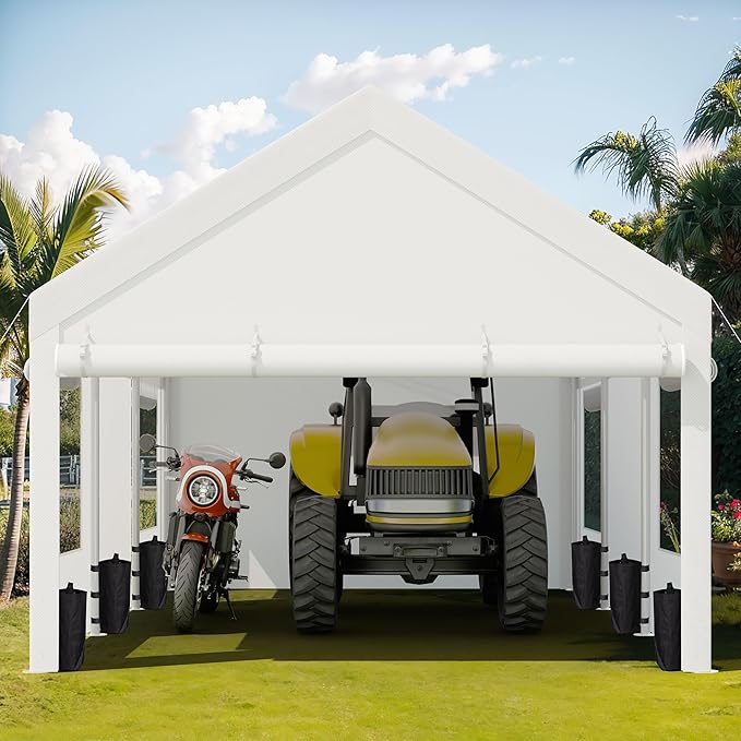 JY QAQA Carport, 12x20 FT Heavy Duty Carport with Removable Side Walls and Doors, Portable Garage with Roll-Up Window and Sandbags, Car Canopy with All-Season Tarp for Cars, Trucks, Boats, White