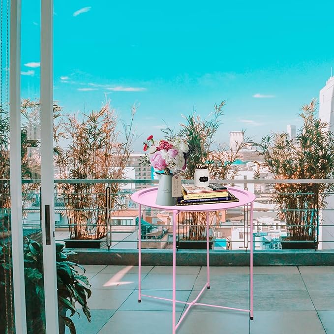 Garden 4 you End Table Set of 2, Outdoor Side Table, Small Patio Table Metal Side Table, Round Folding Side Table, for Outdoor and Living Room,Pink