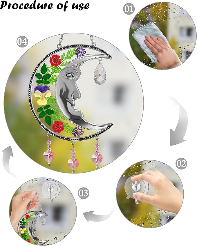 KY&BOSAM Crystal Sun Face Moon Suncatchers Gifts for Mom Family Friends Stained Glass for Windows Wind Chimes Real Flower Colorful Crystal Outdoor for Garden Indoor Home Trees Patio Yard Porch Decor