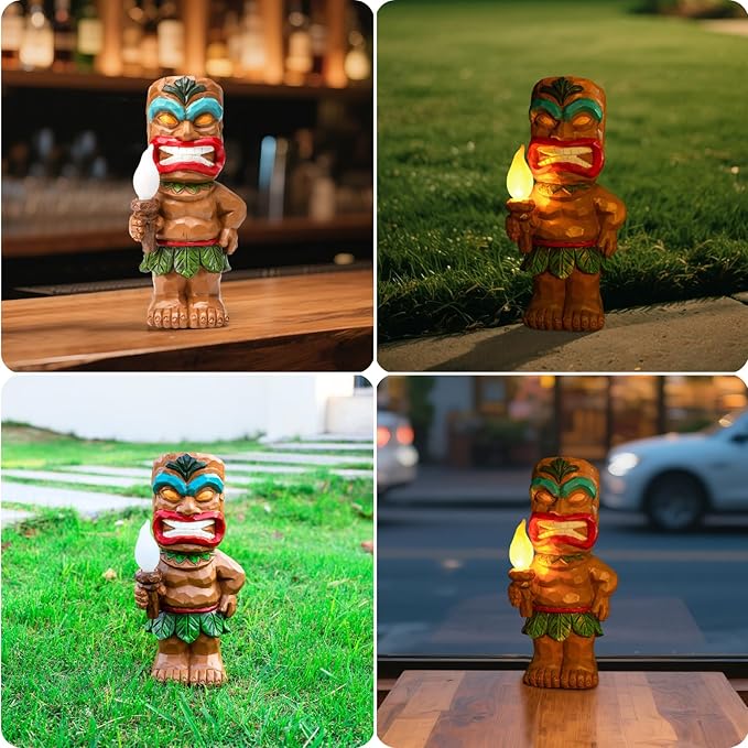 Solar Tiki Garden Statue Tiki Holding Torches with Flickering Flame LED Lights Bar Patio Porch Lawn Yard Art Outdoor Fall Decoration Halloween Birthday Christmas Gardening Gift for Dad Mom