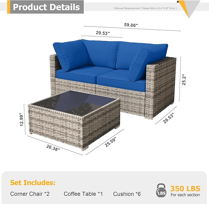 HOOOWOOO Patio Sectional Furniture Set,3 Piece Couch Set with 2 Matching Corner Chairs and 1 Table(Navy Blue)
