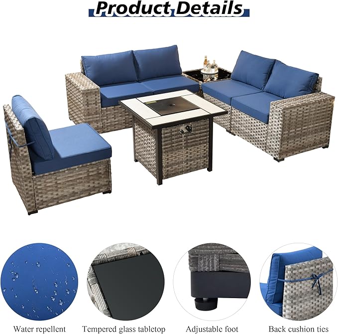 HOOOWOOO Modular Patio Outdoor Sectional Furniture Set with Gas Propane Fire Pit Table,7 Piece Wicker Conversation Sofa Set,Out Door Couch Set with Wide Arm Outside(Navy Blue)